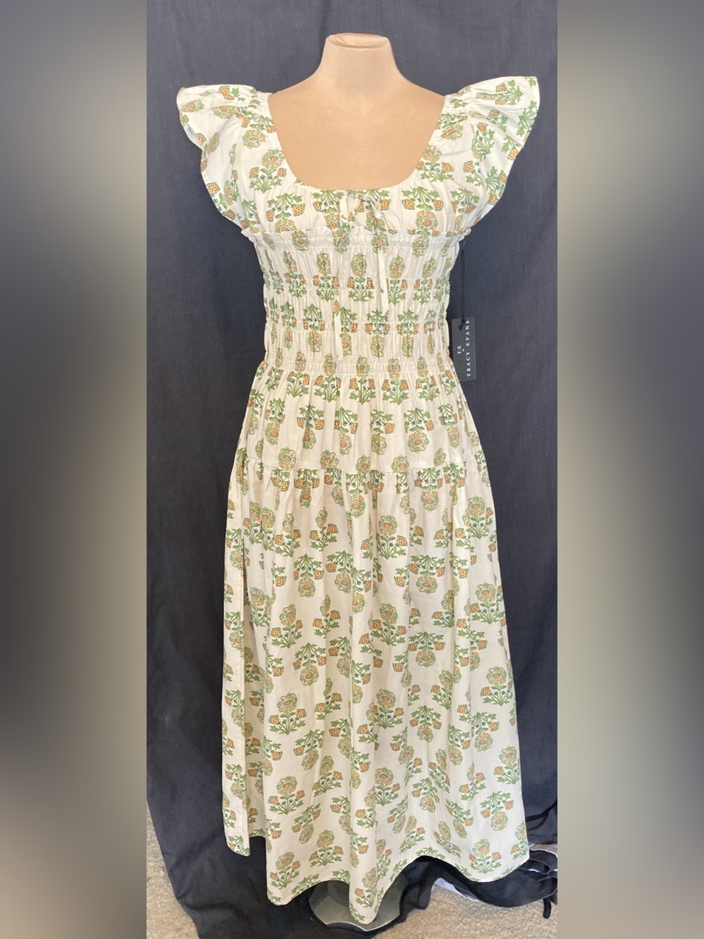 Tracy Evans 100% Cotton Smocked Floral Midi Dress in Cream & Green NWT